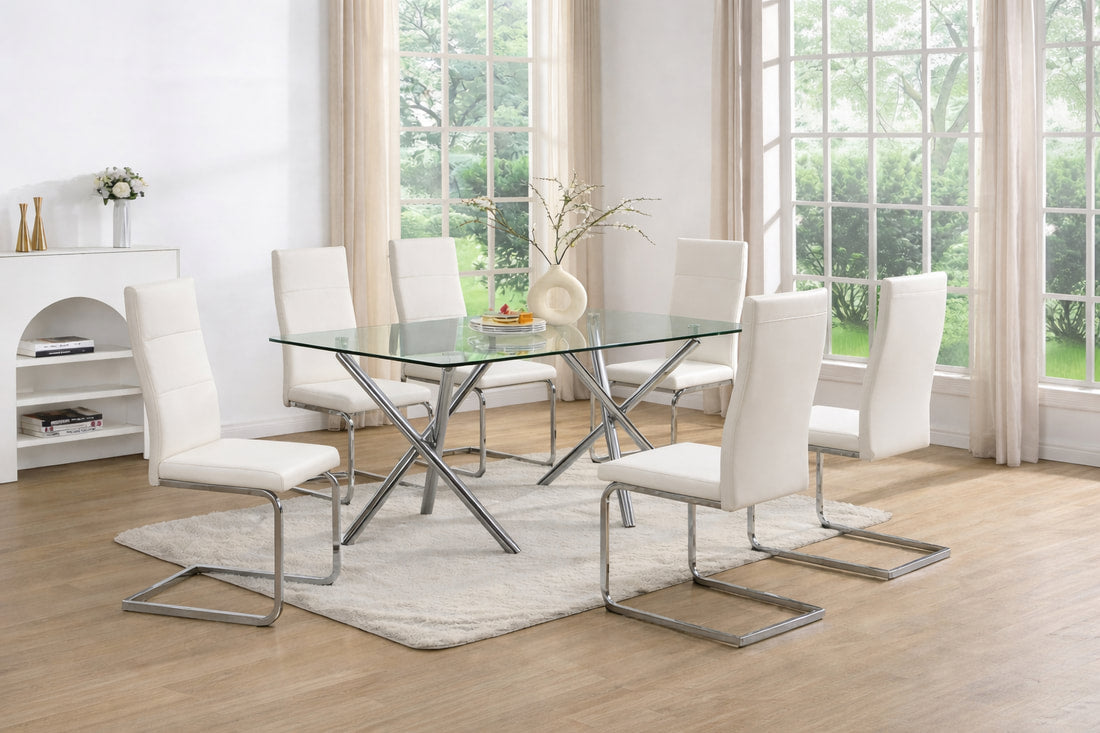 D201 White - Glass Table + 6 Chairs **NEW ARRIVAL**