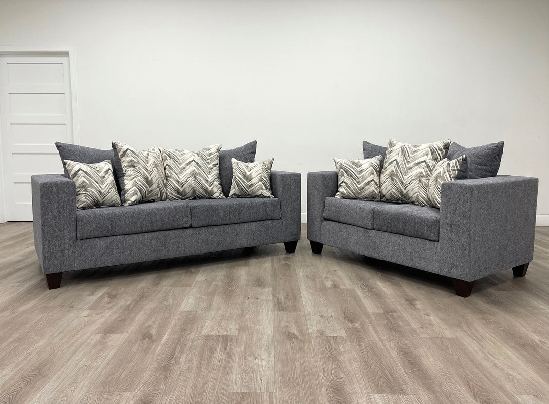 Charcoal grey sofa and love seat with decorative pillows- new
