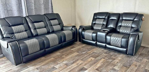 Two-tone Black Leather Reclining Sofa Set