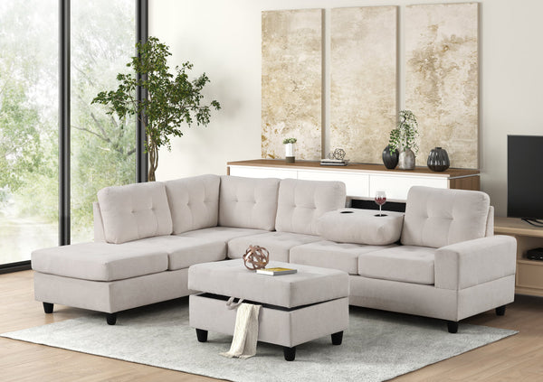 Beige reversible tufted sectional with drop down cup holders and storage ottoman