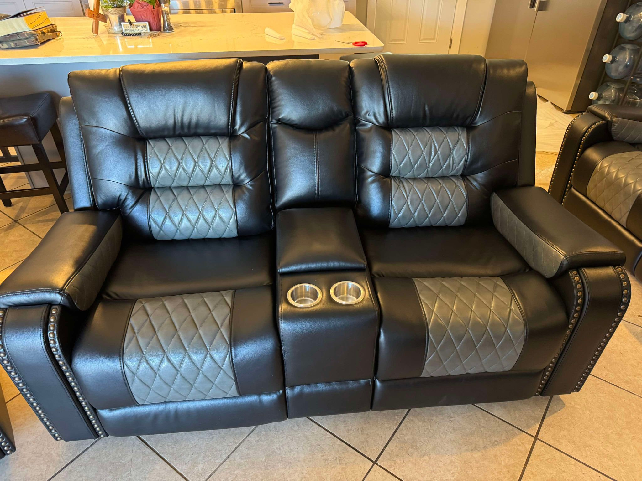 Two-tone Black Leather Reclining Sofa Set