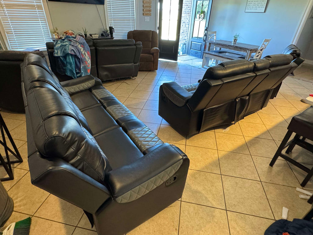 Two-tone Black Leather Reclining Sofa Set