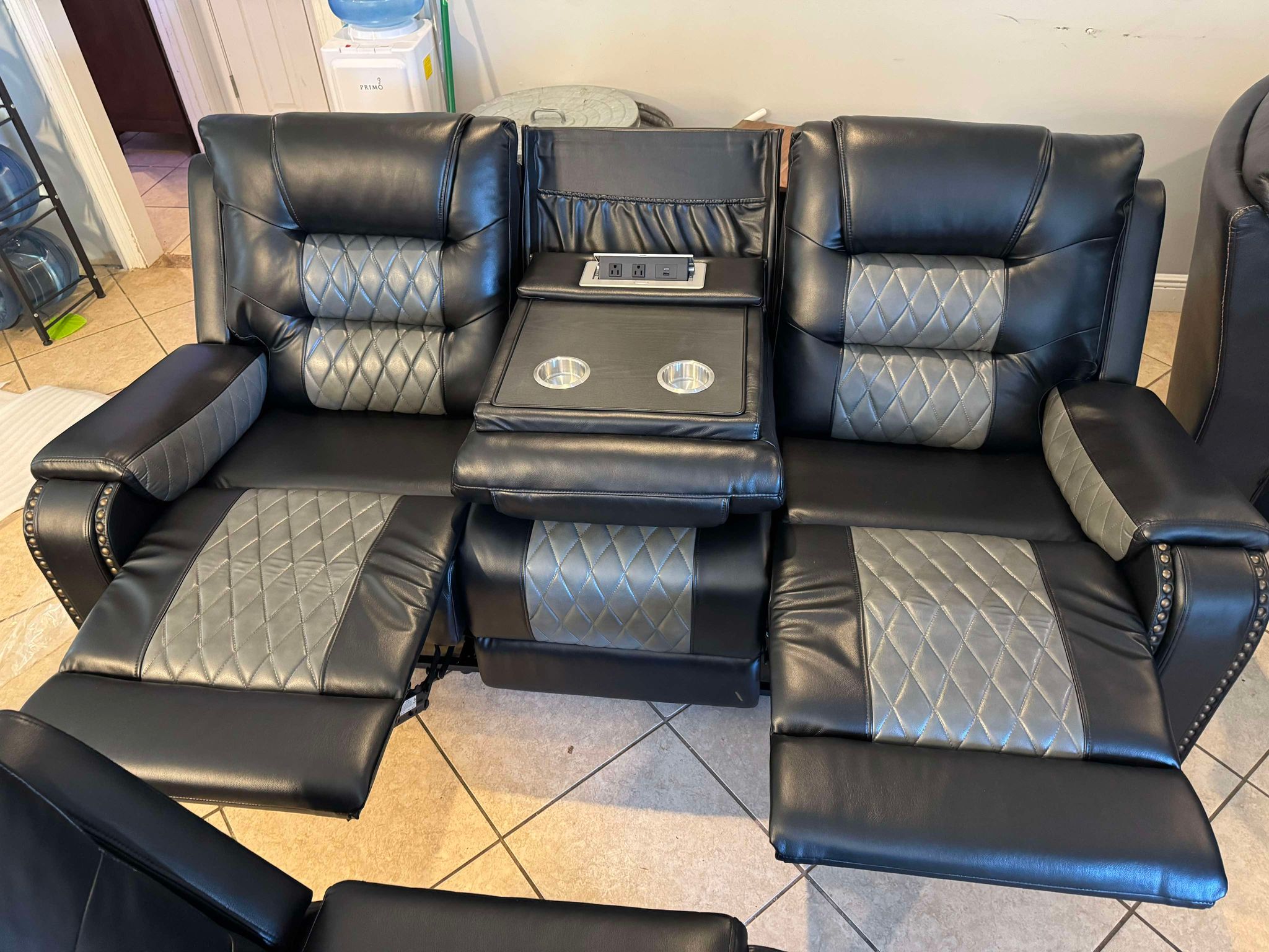 Two-tone Black Leather Reclining Sofa Set