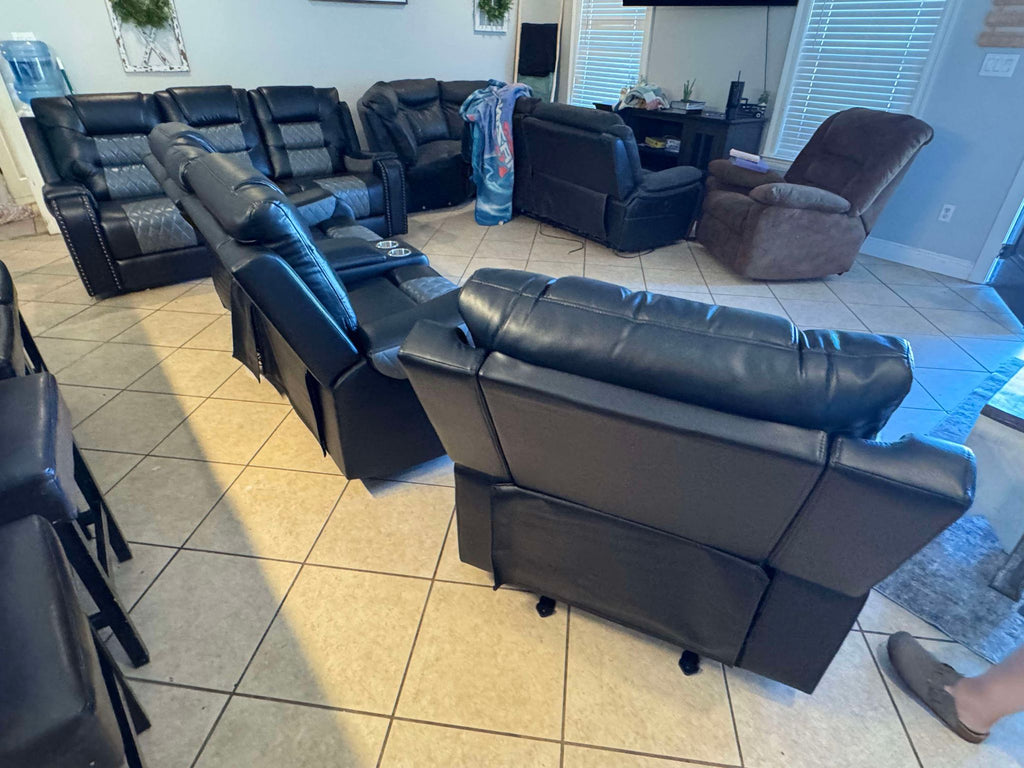 Two-tone Black Leather Reclining Sofa Set