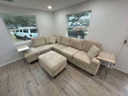 Beige corduroy reversible sectional with drop down cup holders and optional storage ottoman (Copy)