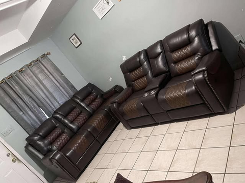 Two-tone Brown Leather Reclining Sofa Set