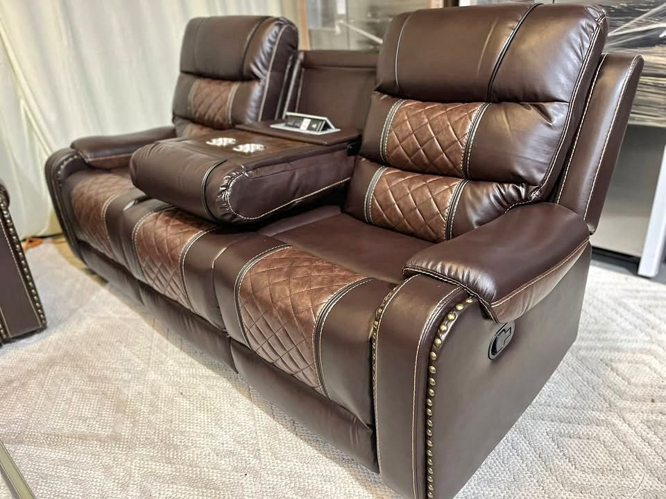 Two-tone Brown Leather Reclining Sofa Set