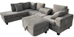 Grey corduroy reversible sectional with drop down cup holders and optional storage ottoman