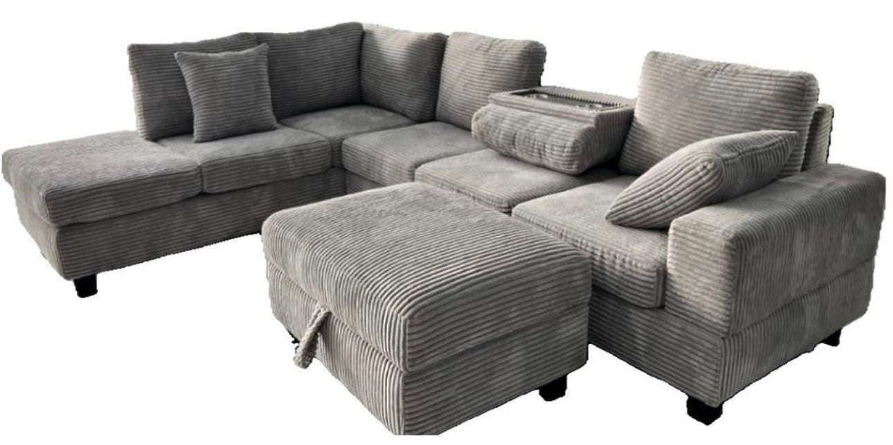 Grey corduroy reversible sectional with drop down cup holders and optional storage ottoman