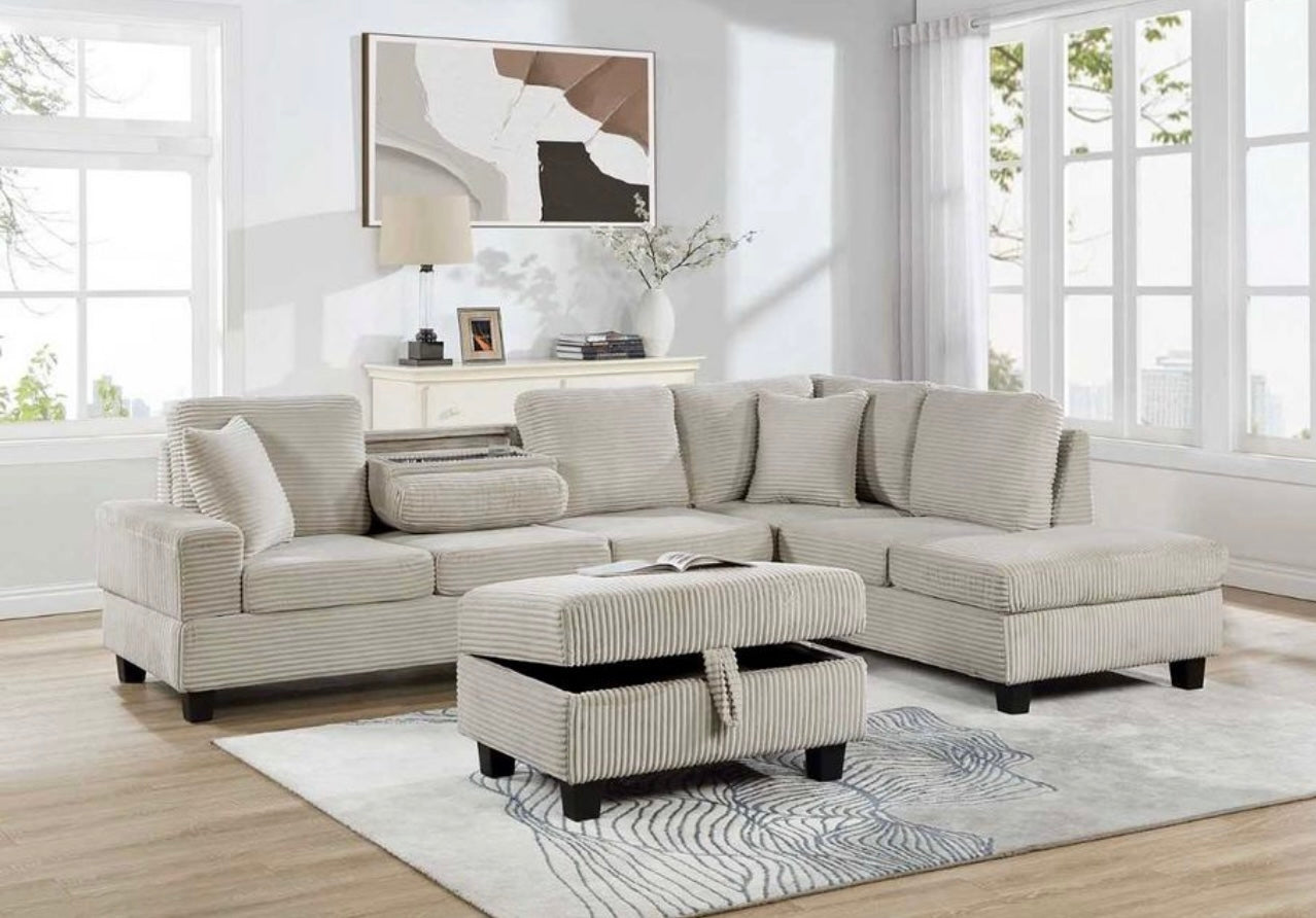 Beige corduroy reversible sectional with drop down cup holders and optional storage ottoman (Copy)