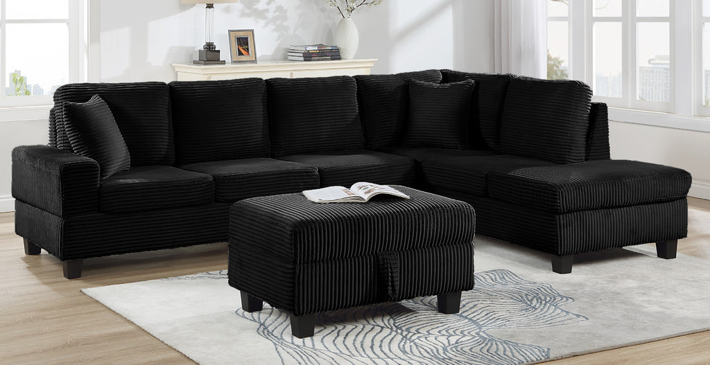 Black corduroy reversible sectional with drop down cup holders and optional storage ottoman