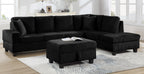 Black corduroy reversible sectional with drop down cup holders and optional storage ottoman