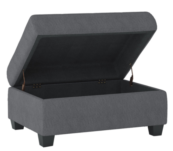 Grey reversible linen sectional with drop down cup holders and optional storage ottoman