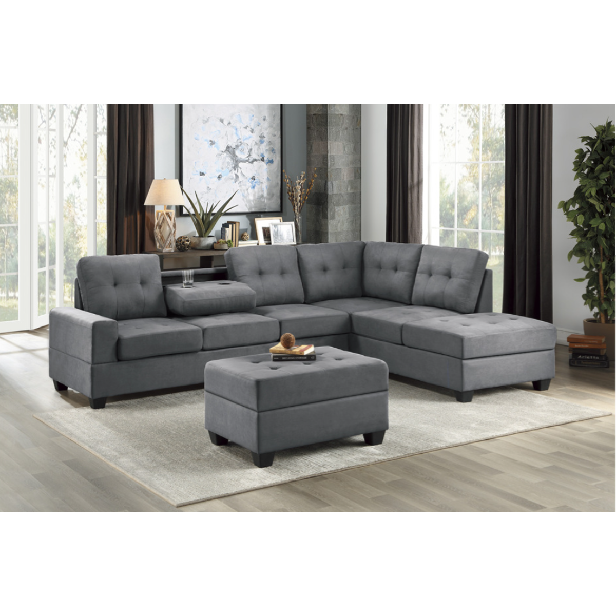 Tufted Grey Sectional w/Reversible Chaise Lounge