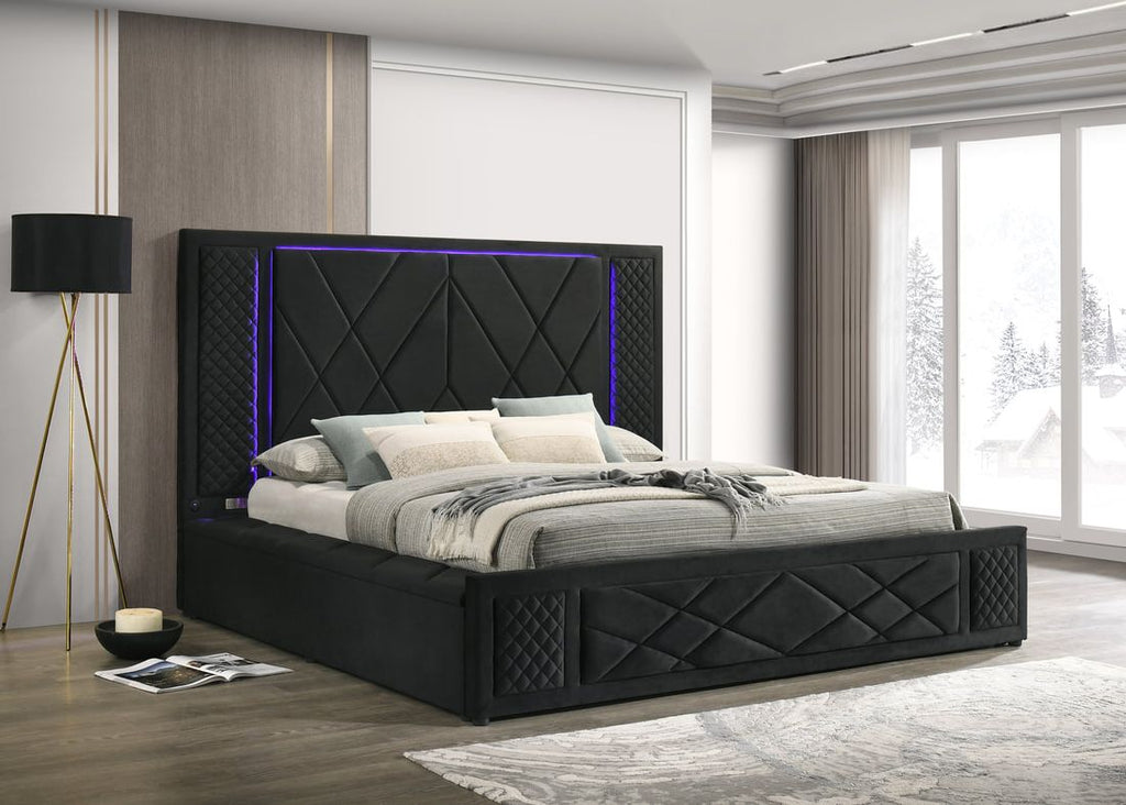 Lorenzo Black Platform Bed (w/ LED LIGHTS & BLUETOOTH SPEAKERS) - Queen, King