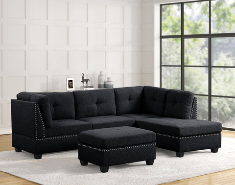 Black Boucle Tufted Sectional w/Nailhead Accents & Ottoman
