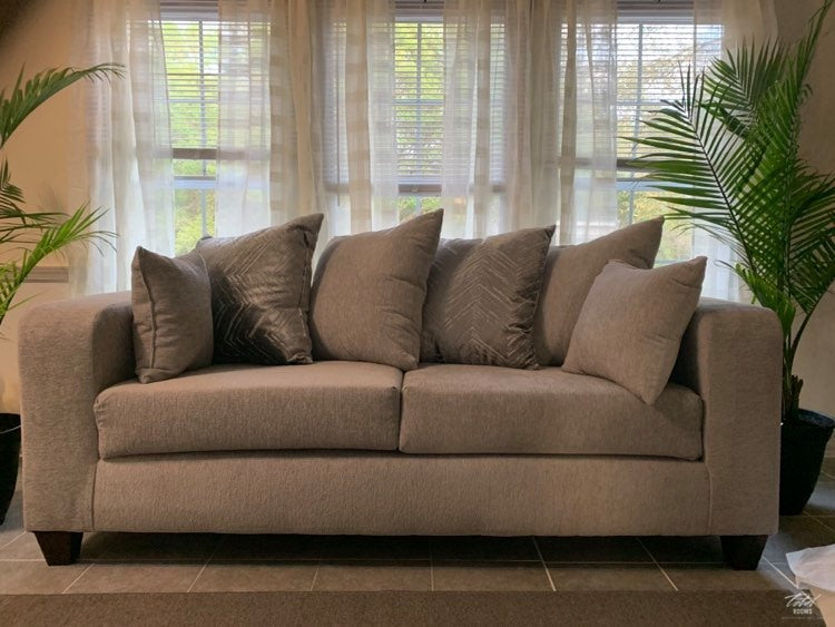 Dove grey sofa and love seat with decorative pillows- new