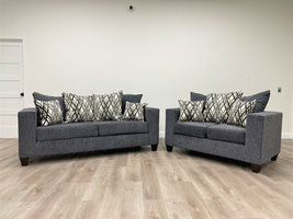 Steel grey sofa and love seat with decorative pillows- new