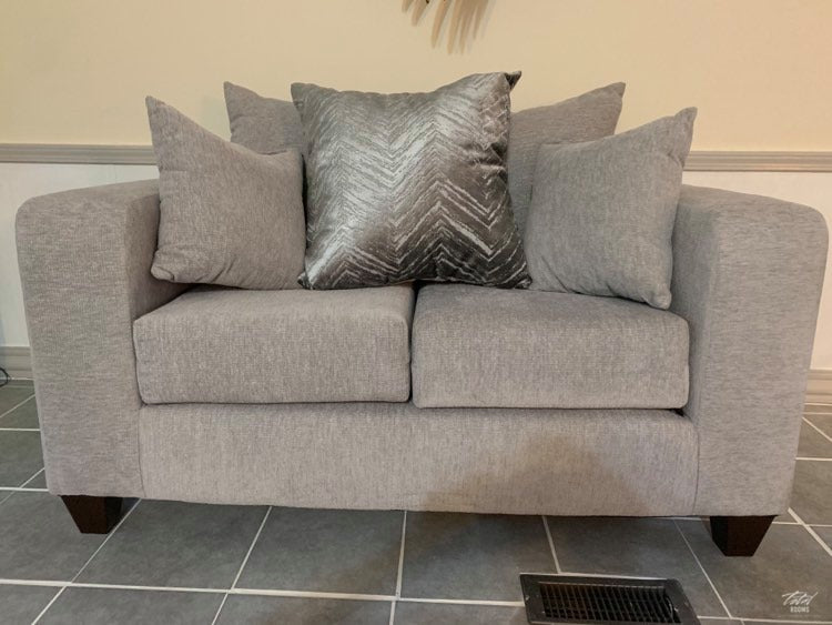 Dove grey sofa and love seat with decorative pillows- new