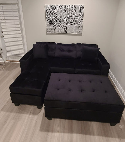 Naomi Collection Tufted Reversible Black Velvet Sectional w/Matching Ottoman