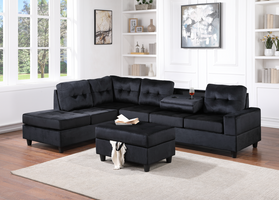 Black velvet reversible tufted sectional with drop down cup holders and storage ottoman