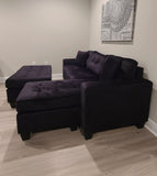 Naomi Collection Tufted Reversible Black Velvet Sectional w/Matching Ottoman