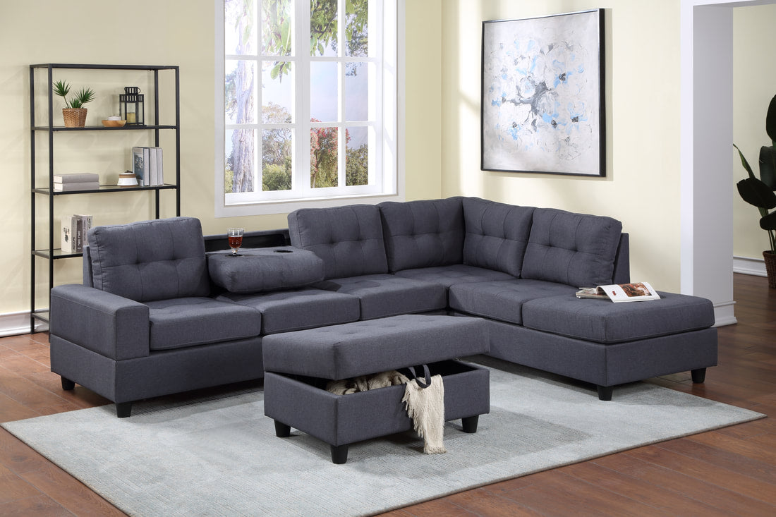 Grey reversible linen sectional with drop down cup holders and optional storage ottoman