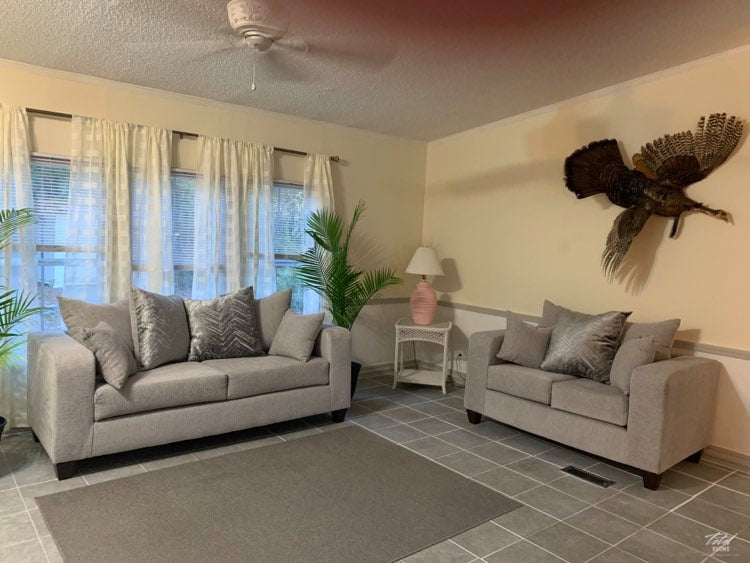 Dove grey sofa and love seat with decorative pillows- new