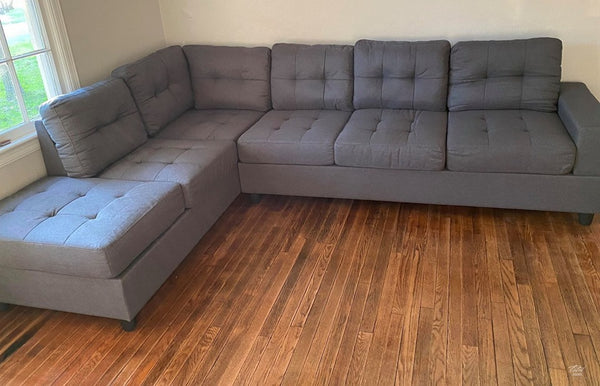 James Collection Tufted Grey Linen Sectional w/Reversible Chaise Lounge