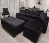 Naomi Collection Tufted Reversible Black Velvet Sectional w/Matching Ottoman