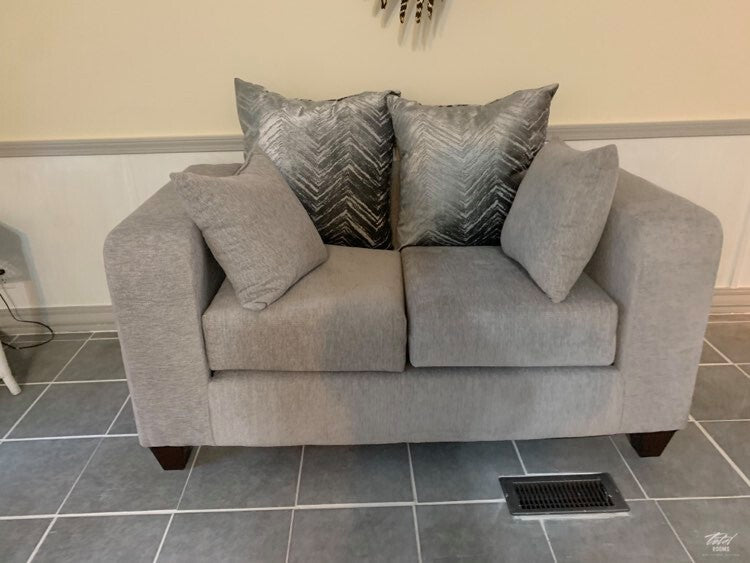 Dove grey sofa and love seat with decorative pillows- new
