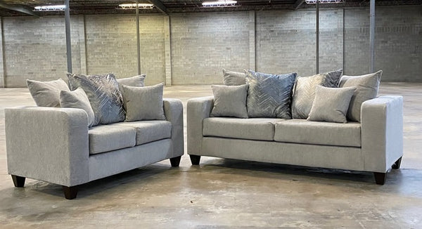 Dove grey sofa and love seat with decorative pillows- new